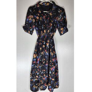 Adam Lippes Black Multi-Floral Print 100% Silk Shirtdress, Womens Size 2